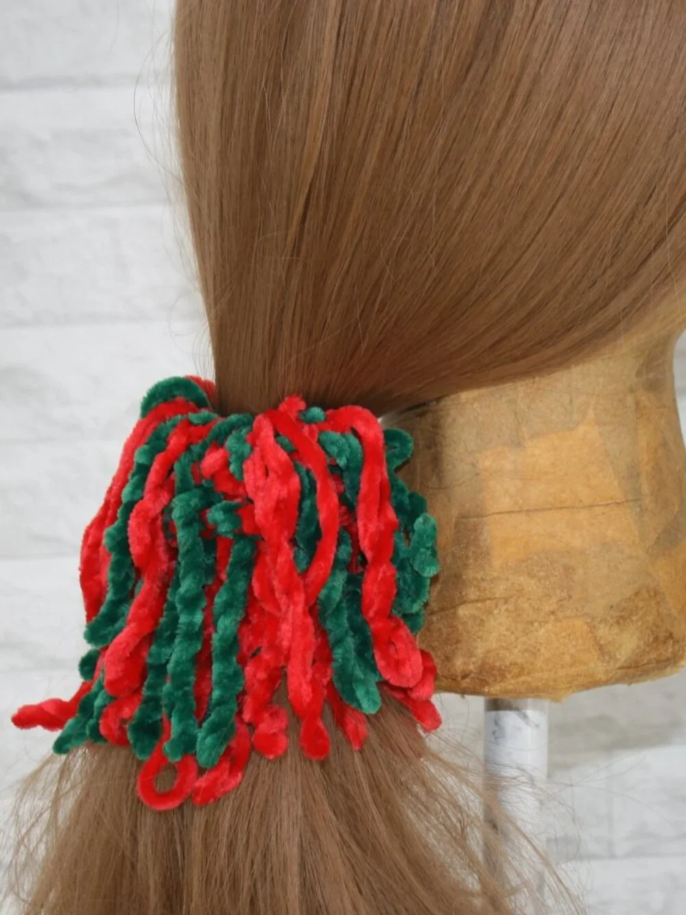 HAND CRAFTED Hair Scrunchie Fringe Crochet Kids Chenille Velvet Xmas Green Red